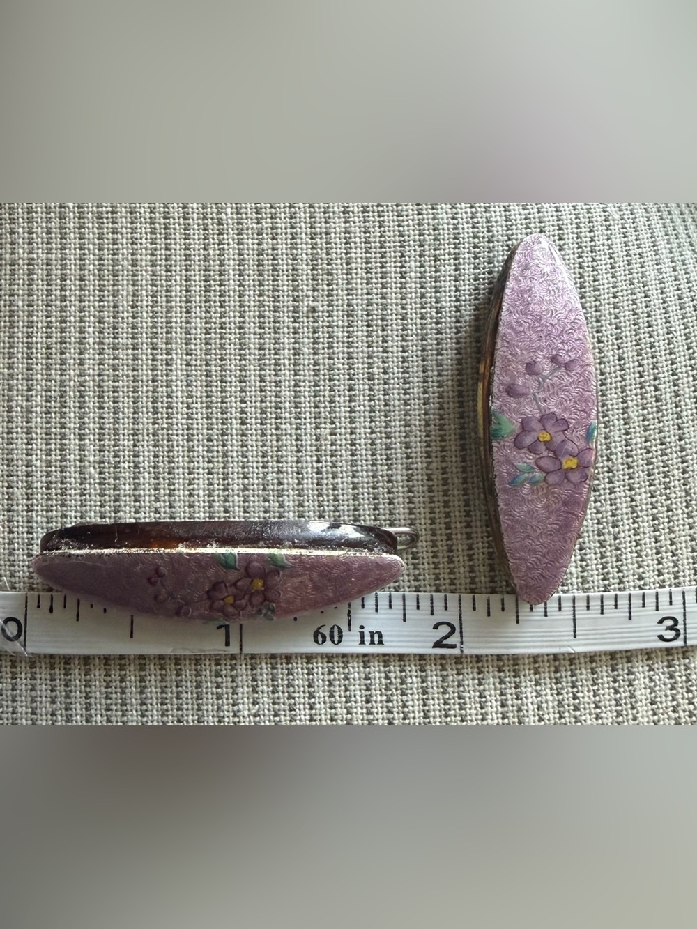 2 Guilloché Enamel vintage Pastel Purplish Pink Floral Hair Barrettes on acrylic - Picture 7 of 7